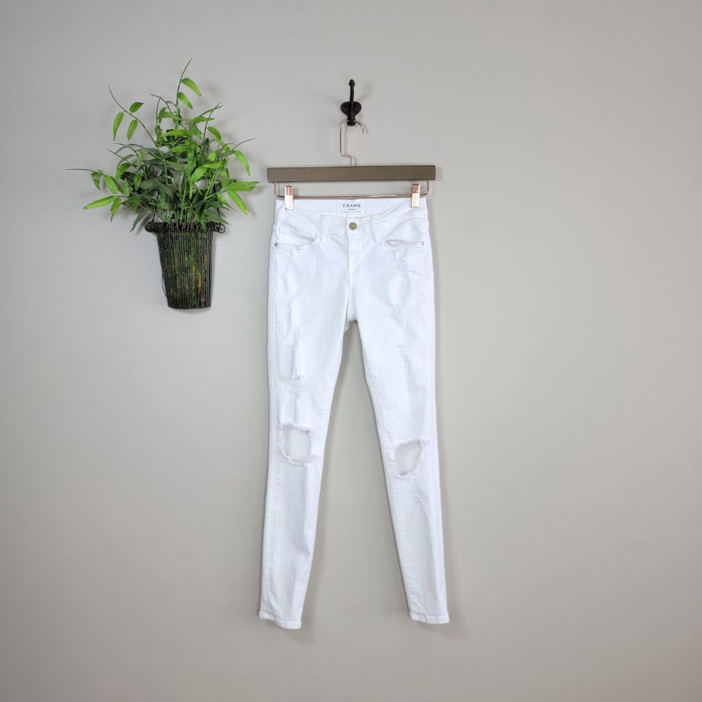 FRAME Le Skinny De Jeanne Ripped Knee Jeans White Distressed Low Rise Denim 0 25
